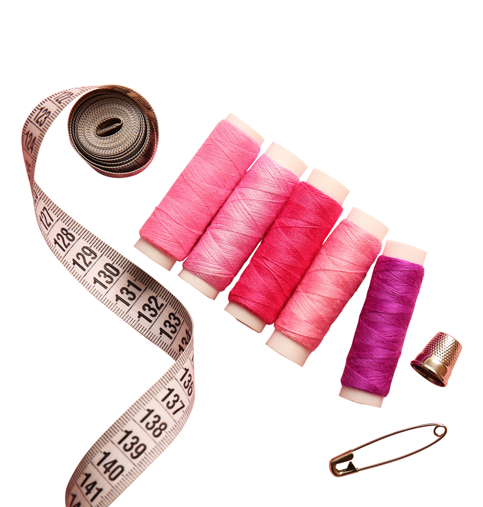 Colorful sewing threads and measuring tape on pink background with space for text